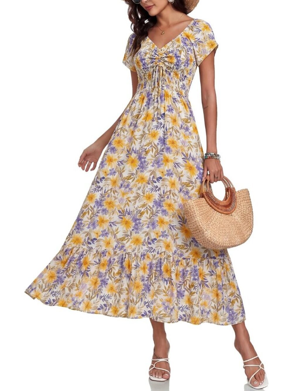 Women's White Yellow Flower Flowy Ruffled Beach Short Lightweight Maxi Dress